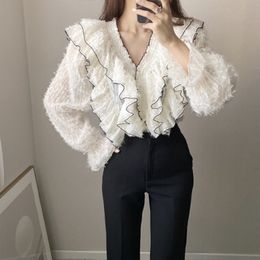 New fashion women's spring autumn v-neck ruffles patchwork lantern long sleeve chiffon tassel blouse shirt