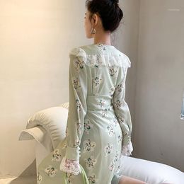 Casual Dresses Sweet Patchwork Lace Dress For Women V Neck Long Sleeve High Waist Tunic A Line Midi Females Summer Stylish
