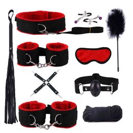 Nxy Sm Bondage Samox 7 10pcs Bed Set Bdsm Kits Exotic Sex Toys for Adults Games Leather Handcuffs Whip Gag Tail Plug Women Products 220423