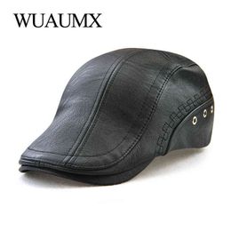 Wuaumx Pu Leather Beret Hat For Men Autumn Winter Warm Newspaper Boys Hat Men Berets Duck Face Visor Peaked Hats Cabbie ivy Flat Hat J220722