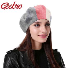 Geebro Female Fashion Cashmere Hat For Women Winter Flat Cap Wool Knitted Hats Lady ThreeColor Patchwork Berets Painte beanie J220722