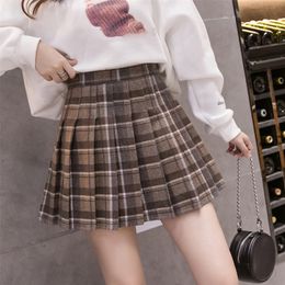 Women's Plaid Pleated Woollen A-line Mini Skirt High Waist Sweet Female Short s Winter Autumn Girls Preppy Style 220317