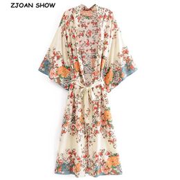 BOHO Location Floral Print Long Kimono Shirt Beige Hippie Women Lacing up Tie Bow Sashes Long Cardigan Loose Blouse Tops Holiday 220511