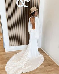 Modern Beach Mermaid Wedding Dresses Simple Crepe Stain Sexy Cutside Bohemian Summer Holiday Greek Bridal Gown Rue De Seine332L
