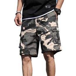 Summer Men's Outdoor Camouflage Cargo Shorts Pocket Cotton Casual Half Pants Mid Waist Drawstring Loose Bib Overalls 7XL 220509