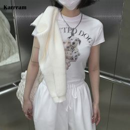 Karrram Korean Fashion Crop Tops Spotted Dog Printed Short Sleeve T-shirt Kawaii Summer Streetwear Sexy Slim White Tshirts Women