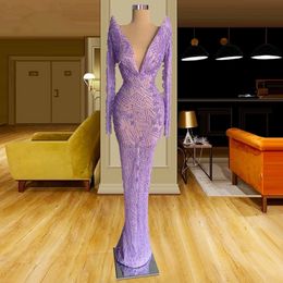 Lavender Fashion Mermaid Prom Dresses Deep V Neck Sequined Appliques Evening Dress Custom Made Illusion Women Formal Celebrity Party Gown