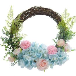 Decorative Flowers & Wreaths 26Cm Cilected Rattan Artificial Flower Wreath For Door Hanging Fake Rose Plant Wedding Pendant Garland Wall Dec