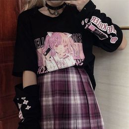HOUZHOU Anime Print Graphic T-shirt Women Summer Goth Top Mujer Split Sleeves E Girl Y2k Clothes Aesthetic Harajuku Kawaii Tees 220321
