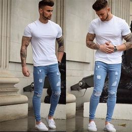 New Men Ripped holes Denim jeans skinny blue Jeans Trousers for Man slim fit with Pleated Washed streetwear jeans pants men T200614