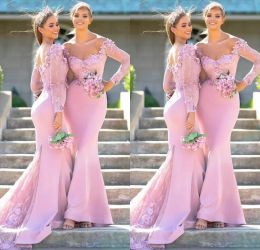 Mermaid Bridesmaid Pink Dresses Satin Long Sleeves Sweep Train African Plus Size Maid of Honour Gown Country Wedding Party Wear Vestidos
