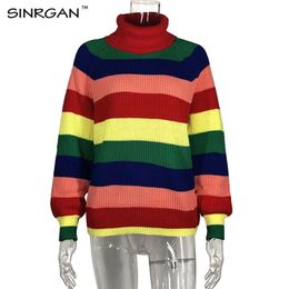 SINRGAN Rainbow Striped Pullovers Sweater Turtleneck Winter Sweater Women Invierno Loose Knitted Female Jumper Tops 201203