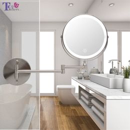 8 Inch Wall Mounted Bathroom Mirror LED Makeup 10X Magnification Folding Touch Dimming Cosmetic s with Light 220509