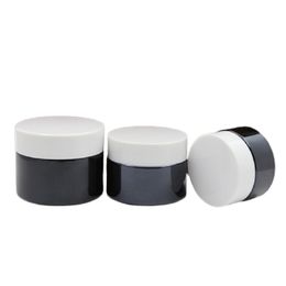Cosmetic Packaging Glossy Black Glass Cream Jars Refillable Bottle White Lid High Quality Portable Empty Skincare Facial Cream Pots 20g 30g 50g