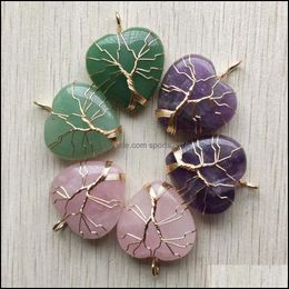 Arts And Crafts Arts Gifts Home Garden Natural Amethyst Stone Charms Tree Of Life Golden Wire Wrapped Love Heart Healing P Dhs4J