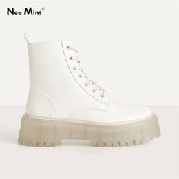 New Autumn Platform Ankle Boots for Women Transparent Chunky Heels Rubber Outsole Boots Woman White Leather Shoes Woman 201104