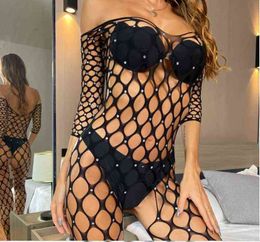 NXY Sexy Set Fishnet Rhinestone Bodystocking Lingerie Sex Crotchless Bodysuits Crystal 0211