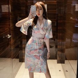 Ethnic Clothing 2022 Retro V-Neck Japanese Kimono Creative Traditional Dress Female Over-The-Knee Print Trend