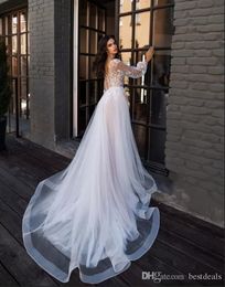 Sheath Wedding Dresses Sequins Long Sleeve Tulle Lace Sexy V Neck Floor Length Plus Size Custom Made Simple And Stylish