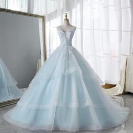 Other Wedding Dresses 2022 Boho Beach Dress Ice Blue Inner Double Lace Ruffle Sexy V-neck Backless A-line Princess Vestido De Noiva 8 Colours