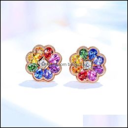 Stud Earrings Jewelry Trend Flower With Rainbow Cubic Zirconia Elegant Rose Gold For Women Wedding Birthday Gift Dhhwj