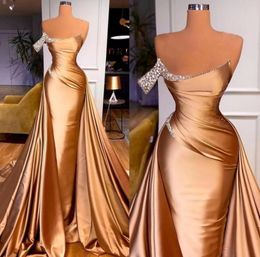 2022 Chic One Shoulder Crystal Mermaid Prom Dress Ruffles Evening Gowns With Detachable Train BC1289 B0414