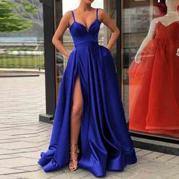 Royal Blue High Slit Prom Dress 2022 Sexy Spaghetti Straps A Line Satin Long Evening Dress Elegant Graduation Dinner Party Special Vestidos De Gala Formal Gowns