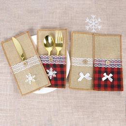 Party Decoration 2pcs Christmas Cutlery Cover Burlap Lace Pouch Santa Claus Snowman Elk Bag For Knife Fork Kitchen Tableware Xams Decor