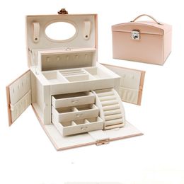 Jewelry Box PU Leather Storage Casket Multi layer Women Container Case With Mirror Quality LJ200812