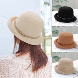 Ladies Summer Fashion Knitted Thin Breathable Metal Belt Buckle Fisherman Hat Travel Breathable Sun Protection Sun Hat Party Hat