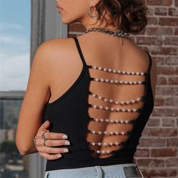 Summer Women Black Sexy Strap Hollow Out Bodysuit Tops Bodycon Pearl Chain Backless Summer Fashion Short Rompers Overall 210709