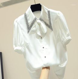 Summer 2022 Korean Diamond Drill Collar Short-sleeved Chiffon Shirt Solid Colour Lady White Blouse Slim Blusas Tops Women's Blouses & Shirts