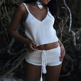 Aproms Boho White Knitted Crop Top and Shorts Women Elegant 2 Pieces Set Summer Low Waist Beach Bikini Romper Female Outfit T200716