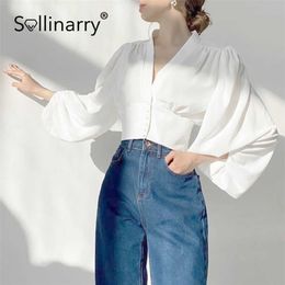 Sollinarry Elegant lantern sleeve blouse lady Fashion shirts women button up shirt vintage clothing Slim fit cropped vintage top 210709