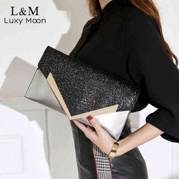 Evening Bags Female Mo Bag Fashion Pu Leather Mo Bag For Women Envelope Type Shoulder Bag Sequins For Party Wedding 220325