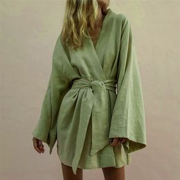 Lace Up Womens VNeck Kimono Cardigan Mini Dress Cotton Linen Long Sleeve Sashes Dresse Robe Style Summer Loose Vestidos 220809