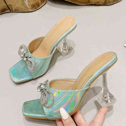 Liyke New Fashion Strange Transparent Heels Slippers Women Crystal Bowknot Ssides Summer Sandals Ladies Square Toe Wedding Shoes 220530