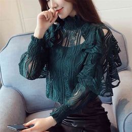 Ruffle Lace Nine Quarter Sleeve blouse shirt Women Clothing Hollow Out floral Women Blouse Female Tops Elegant blusa 911B 210326