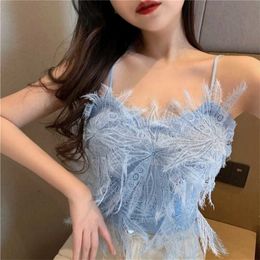 Lace Suspender Vest For Women's Style In Summer Sexy Feather Blue Corset Crop Top Camisole Tanks V Neck 220316