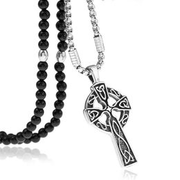 Pendant Necklaces Mens Boys Celtic Cross Stainless Steel Necklace With Black Natural Stone Chain 26"Pendant