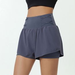 lu-9016 summer fake two-piece sports shorts women's anti-lighting training fitness marathon European and American high-waisted shorts please Cheque the size chart