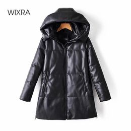 Wixra Solid PU Leather Cotton Jacket Hooded Women's Fashion Leather Long Coats Ladies Waterproof Thick Jackets Female Winter 201214