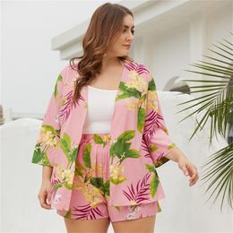 WHZHM Summer Flower Plus Size 3XL 4XL Sets Beach Women Long Sleeve Casual Printed Pink Set Women Two Pcs Floral Tops and Shorts T200325