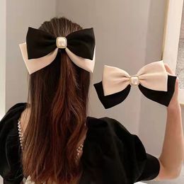 Korean Large Bow Hair Clips For Women Black White Colour Spring Hairpin Girls Hair Accesories Imitation Pearl Barrette Gift 2022
