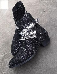 Fashion Black Sequins Boots Chains Shoes High top Winter Western Wyatt Shoes Gentlemen Harness Boot