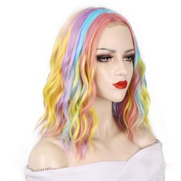 Fashion Rainbow Synthetic Wigs Deep Wave Long Curly Hair Cosplay Performance