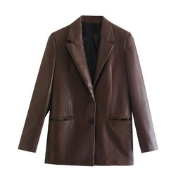 Women's Suits & Blazers Women Fashion Faux Leather Loose Coat Vintage Long Sleeve Pockets Back Vents Female Brown Outerwear Chic TopsWomen's