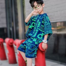 Children Clothes Fashion Summer Baby teenage boy Clothing Boys hiphop korean Casual T-Shirt Shorts 2Pcs/Sets 6 8 10 12 years 220419