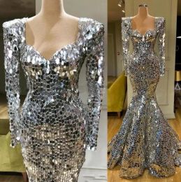 Sequins Sparkly Sier Evening Dresses Long Sleeves 2022 Floor Length Mermaid Sweetheart Neckline Custom Made Plus Size Prom Party Gown Vestidos
