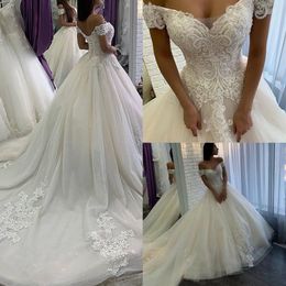 2022 Luxury Beads Ball Gown Wedding Dresses Chapel Train Corset White Ivory Tulle Princess Wedding Gowns Lace Appliqued Off Shoulder Church Bride Dress